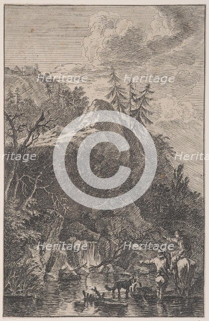 Plate 5: female figure on horseback and a male figure with a dog standing in a stre..., ca. 1700-25. Creator: Franz Joachim Beich.