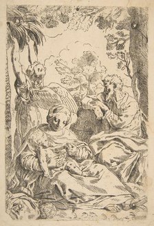 Repose in Egypt, Holy Family seated while an angel pulls at tree branche..., ca. 1637-1639 or after. Creator: Unknown.