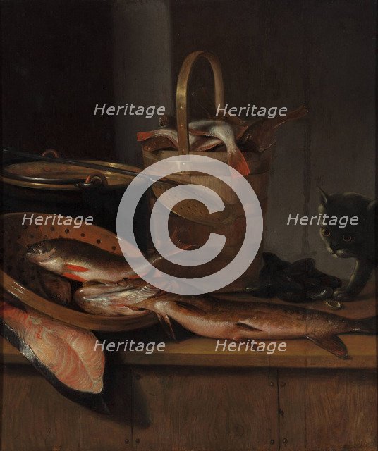 Still life with fish and a cat, c. 1650-1660. Artist: Vaillant, Wallerant (1623-1677)