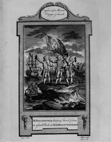 Bougainville raising the flag of France on a rock in the Strait of Magellan, engraving in the wor…