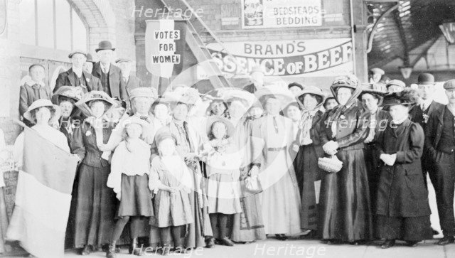 Emmeline Pankhurst at a railway station on a campaign tour of the country, 1911. Artist: Unknown
