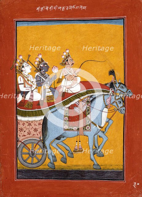 Krishna and Balarama Being Driven by Akrura to Mathura, Folio from a Bhagavata..., c1730. Creator: Unknown.
