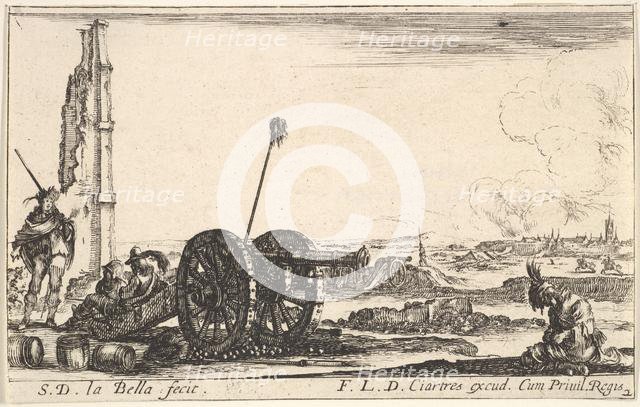 Plate 2: A cannon to the left, a town in the background, from 'Various Military Capric..., ca. 1641. Creator: Stefano della Bella.