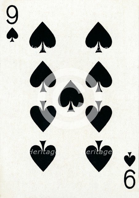9 of Spades from a deck of Goodall & Son Ltd. playing cards, c1940. Artist: Unknown.