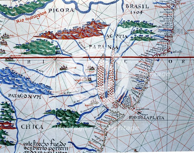 Atlas of Joan Martines, Messina, 1582. Portulan chart of South America. Atlantic Coast up to the …