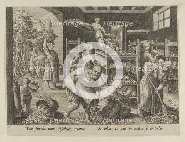 The Gathering of Mulberry Leaves and the Feeding of the Silkworms, Plate 5 from "The I..., ca. 1595. Creator: Karel van Mallery.