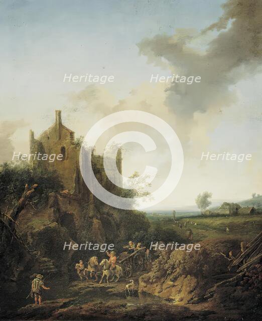 Landscape with castle ruins and horse-drawn carts, 1746 (?). Creator: Christian Hilfgott Brand.