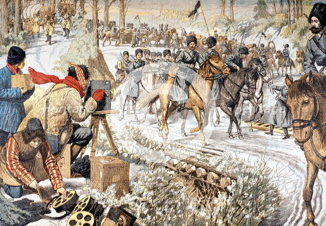 Cameraman from filming Russian troops in Manchuria for an early newsreel, Russo-Japanese War, 1904. Artist: Unknown