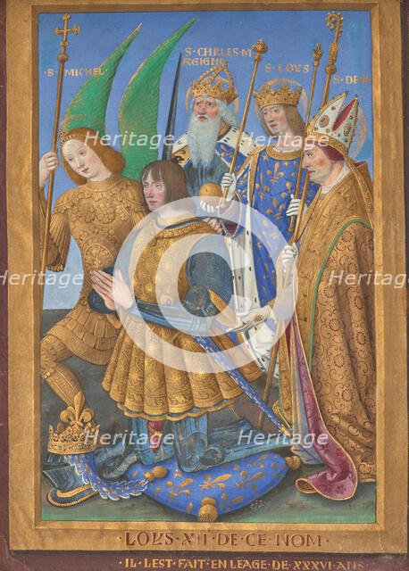 Louis XII Kneeling in Prayer Accompanied by Saint Michael, Saint Charlemagne..., 1498/1499. Creator: Jean Bourdichon.