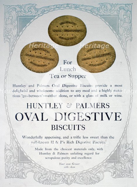 Advert for Huntley and Palmers Oval Digestive Biscuits, 1909. Artist: Unknown
