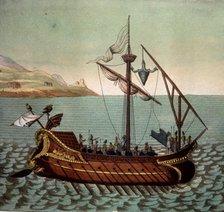 Reconstruction of a Roman ship 'El Corvo di Duillio', from customs and manners of the people, Fer…