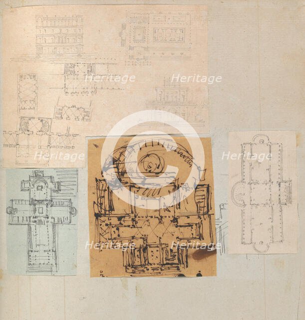 Page from a Scrapbook containing Drawings and Several Prints of Architecture, Int..., ca. 1800-1850. Creators: Workshop of Charles Percier, Workshop of Pierre François Léonard Fontaine.