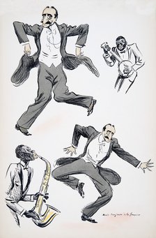 Gentleman in white tie and tails dancing while two musicians play saxophone and banjo, from 'White B