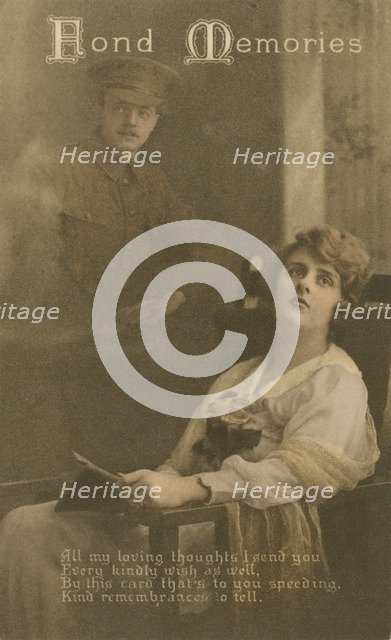 'Fond Memories', romantic postcard sent from a soldier to his sweetheart. Artist: Unknown