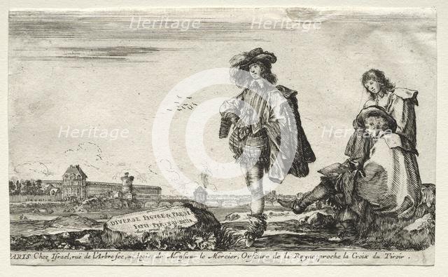 Various Figures and Landscapes: Title Page - Three Figures, 1649. Creator: Stefano Della Bella (Italian, 1610-1664).