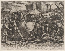 Plate 17: The Romans Misled by Civilis' Horse to Believe that He was Dead or Injured, from..., 1611. Creator: Antonio Tempesta.