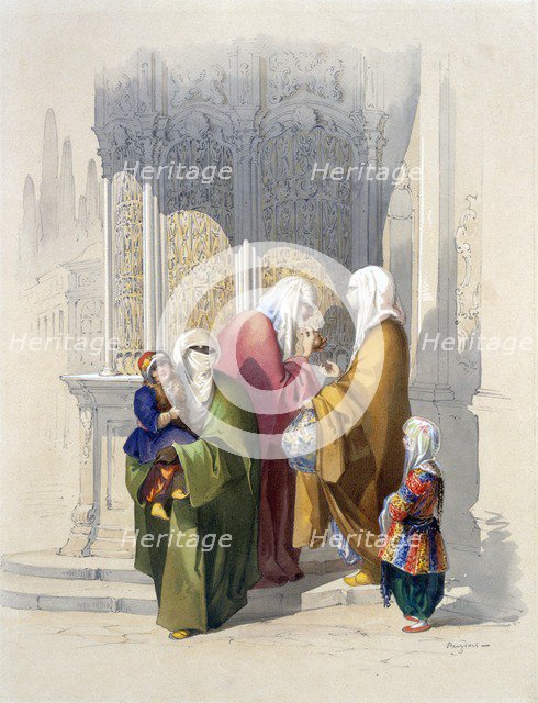 Street scene with passers-by including a poor black African woman and child, pub. 1865. Creator: Amadeo Preziosi (1816-82).