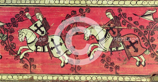 Christian Knights in a fight or sports scene. Painting on wood, possibly Aragonese coffered ceili…