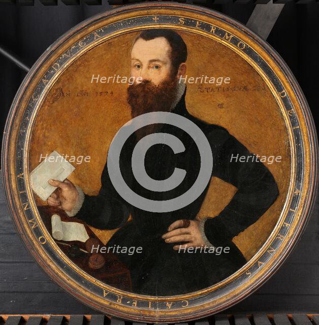 Portrait of Adam Wachendorff, with a Putto Blowing Bubbles, 1574. Creator: Cornelius Ketel.