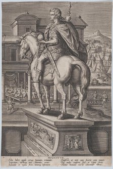 Plate 2: equestrian statue of Augustus, holding a globe and seen from behind, with ..., ca. 1587-89. Creator: Adriaen Collaert.