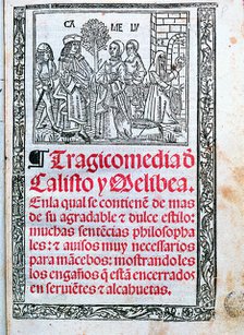 Tragicomedy of Calixto and Melibea by Fernando de Rojas, cover of the printed edition in Burgos i…