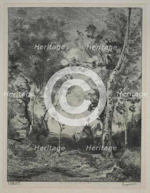 Landscape, or The White Horse, after Corot, c. 1858. Creator: Félix Bracquemond (French, 1833-1914).