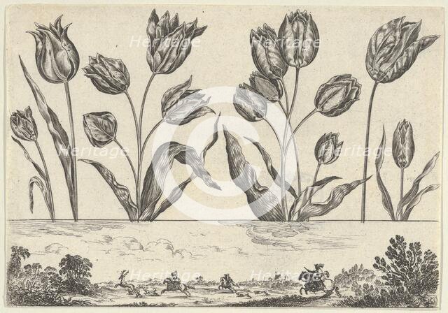 Horizontal Panel with a Row of Flowers Above a Frieze with a Hunting Scene in a Landscape,..., 1645. Creator: Nicolas Cochin.