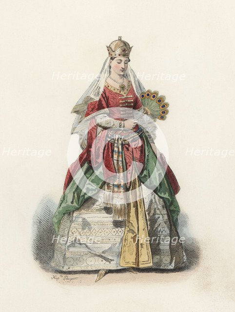 Distinguished Turkish woman in the modern age, color engraving 1870.