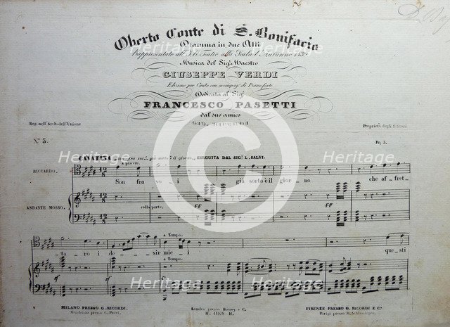 Cover of the score of the opera Oberto conte di San Bonifacio by Giuseppe Verdi, 1850.