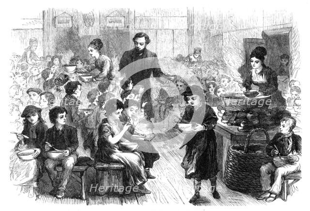 Halfpenny dinners for poor children in East London, 1870. Creator: Unknown.