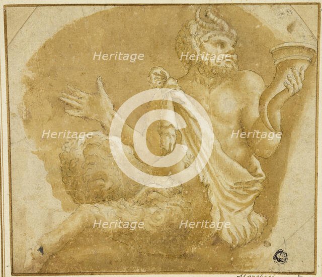 Seated Faun Holding Cornucopia (recto); Sketch of Tree and House (verso), n.d. Creator: Unknown.