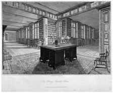 Interior view of the library at Lambeth Palace, with a desk in the foreground, 1805.      Artist: John Roffe