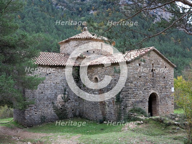 Monastery of Sant Pere de Graudescaldes in the foothills of the Busa mountains on the banks of th…