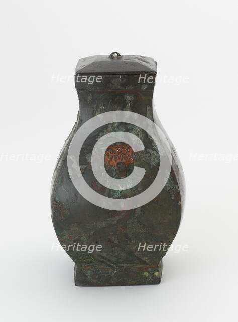 Lidded square ritual wine vessel (fanghu) with painted decoration, Han dynasty, 206 BCE-220 CE. Creator: Unknown.