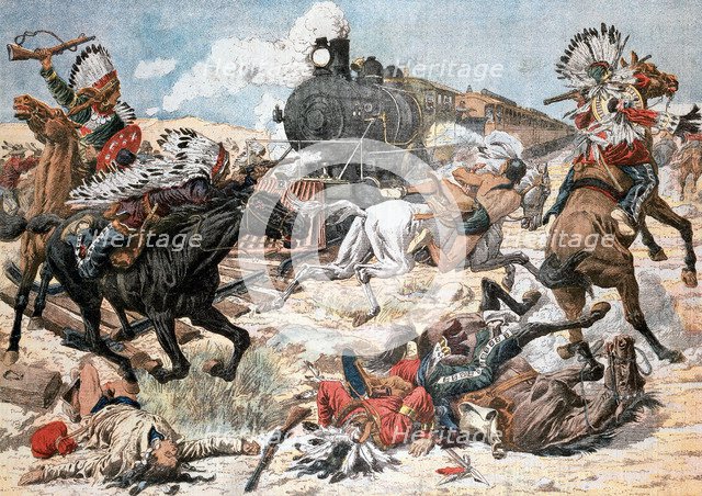 North American Indians attacking a train in Arizona, 1906. Artist: Unknown