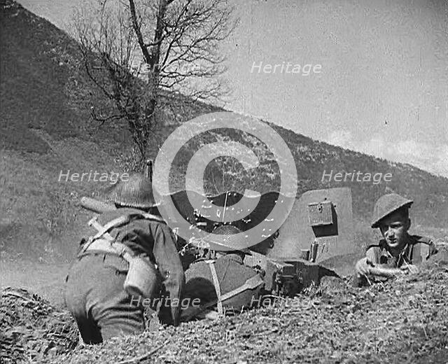 British Troops Bombarding Monte Cassino With Artillery, 1943-1944. Creator: British Pathe Ltd.