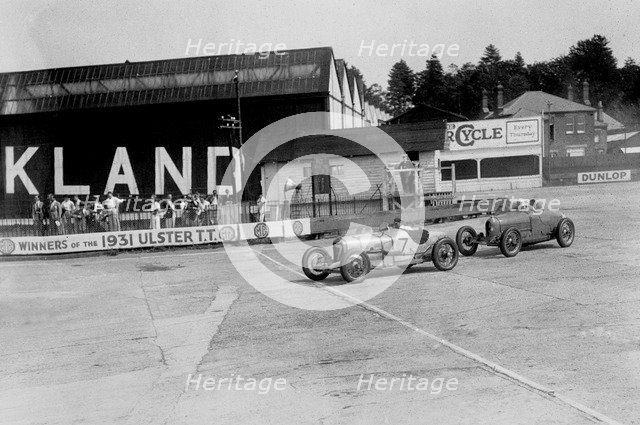 Harker Special of WE Harker and Bugatti Type 37 of John Appleton, BARC meeting, Brooklands, 1933. Artist: Bill Brunell.