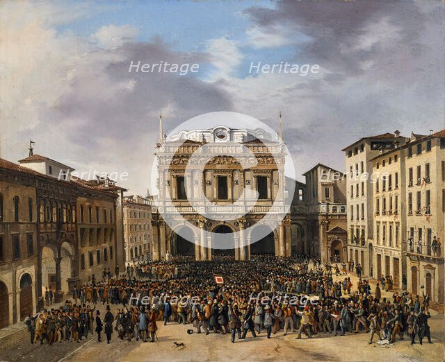 The Brescians gather in Piazza della Loggia on March 23, 1849, 1849. Creator: Joli, Faustino (1814-1876).