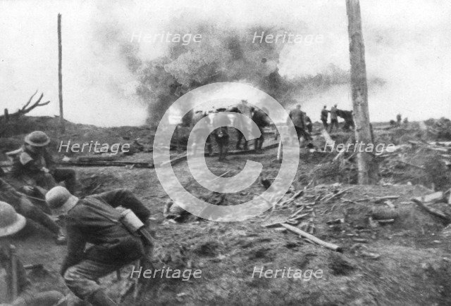 Allied troops and German prisoners at the Menin Road, near Ypres, Belgium, 30 October, 1917. Artist: Unknown