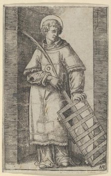 Saint Vincent, left hand resting on a grill, from the series 'Piccoli Santi' (Sma..., ca. 1500-1527. Creator: Marcantonio Raimondi.
