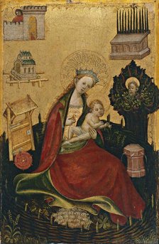 Diptych with symbols of the Virgin and Redeeming Christ: Virgin and Child in the Hortus..., 1410. Creator: Anon.