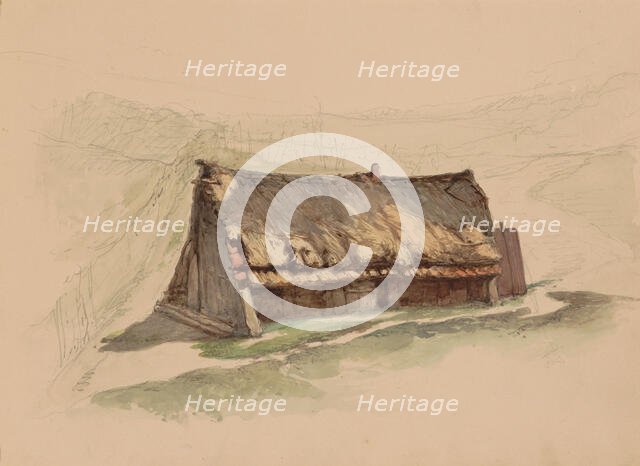 Barn with a thatched roof in a meadow, 1864-c. 1865. Creator: Maria Vos.