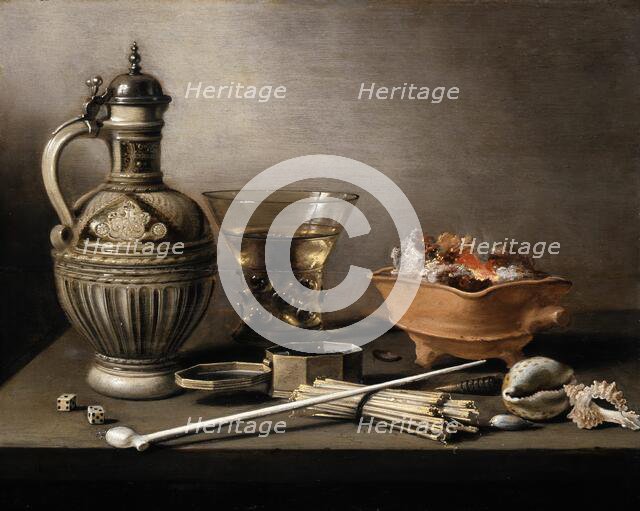 Still Life with a Stoneware Jug, Berkemeyer, and Smoking Utensils, 1640. Creator: Pieter Claesz.