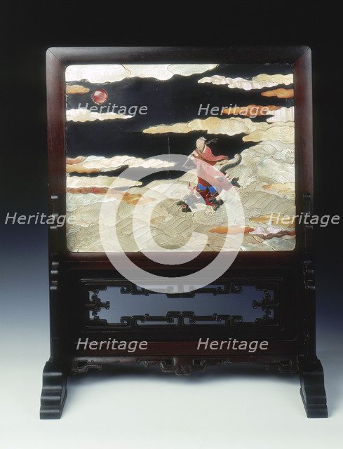Lacquer plaque mounted as a screen, with various inlays, Qing dynasty, China, 1st half 18th century. Artist: Unknown