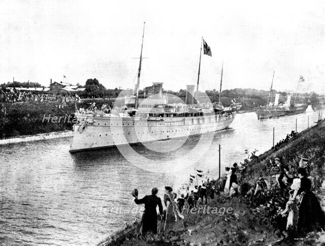 The Kaiser's Yacht, the "Hohenzollern," leading the procession through the Canal, 1895. Creator: George Meisenbach.