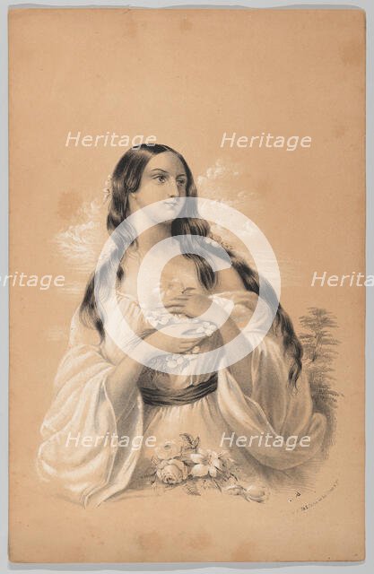 Woman Holding Flowers, in The New York Drawing Book, Containing a Series of Original Desig..., 1847. Creator: Frances Flora Bond Palmer.