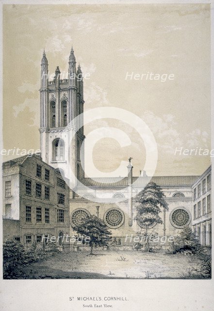 South-east view of the Church of St Michael, Cornhill, City of London, 1840. Artist: EJ Dickinson