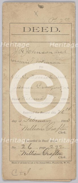 Land deed for property in West Virginia owned by the Crawford family, February 7, 1903. Creator: Unknown.