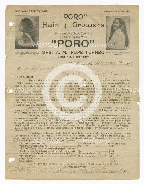 Enrollment Certificate to Poro College for Lucille Brown, March 19, 1915. Creator: Unknown.