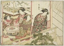 Courtesans of the Kiribishiya, from the book "Mirror of Beautiful Women of the Pleasure..., 1776. Creator: Shunsho.